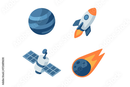 Space-themed illustrations featuring a planet, rocket, satellite, and comet designed for educational purposes