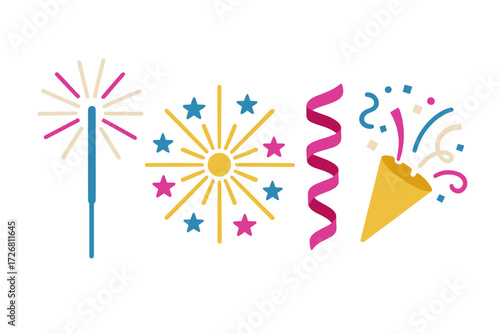 Celebration symbols with sparkler, starburst, streamers, and party horn for festive occasions