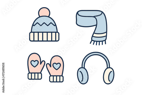 Cozy winter accessories including a knitted hat, warm gloves, a scarf, and headphones for chilly days