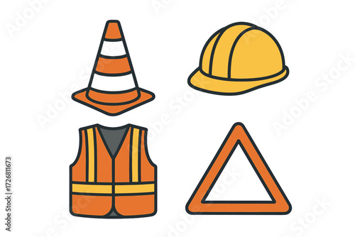 Construction safety gear including cones, helmets, vests, and warning signs displayed together for awareness and training