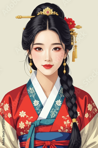 Elegant Korean woman in traditional Hanbok dress, showcasing vibrant cultural beauty and timeless grace with ornate hair accessories and jewelry