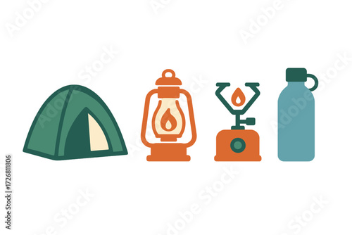 Camping essentials arranged neatly, including tent, lantern, stove, and water bottle for outdoor adventures