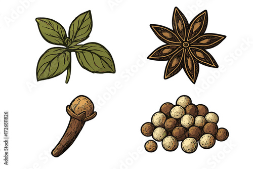 Collection of spices including basil, star anise, nutmeg, and a mix of peppercorns on a simple background