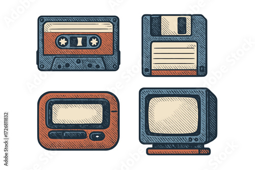 Vintage technology items showcase retro cassette tape, floppy disk, handheld device, and old television set in flat design style
