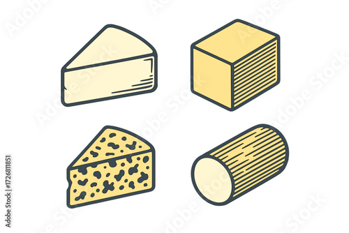 Different types of cheese displayed in a simple arrangement, showcasing various shapes and textures