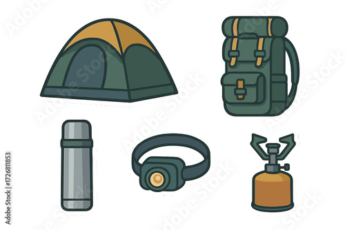 Camping gear set including tent, backpack, heat source, and essentials for outdoor adventures in nature
