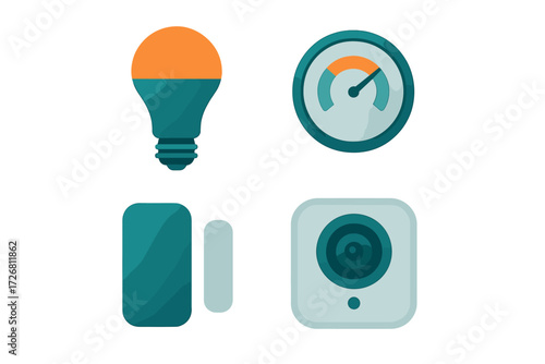 Various digital icons representing smart home technology, including a light bulb, gauge, switch, and camera