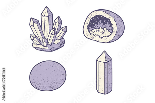 Different types of crystals in various shapes and formations displayed on a light background