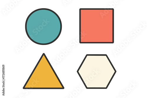 Various geometric shapes displayed in different colors and arrangements showcasing basic design elements in a simple layout