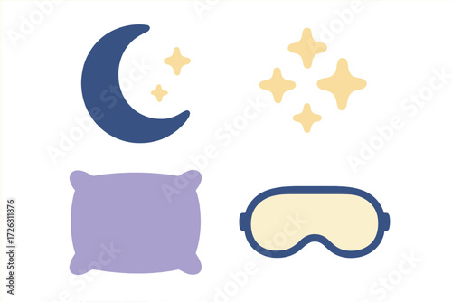 Sleep time symbols including moon, stars, pillow, and eye mask for peaceful nights of rest and relaxation