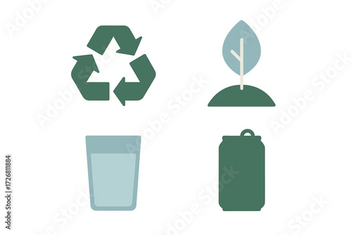 Symbols of sustainability including recycling, nature, water conservation, and waste management