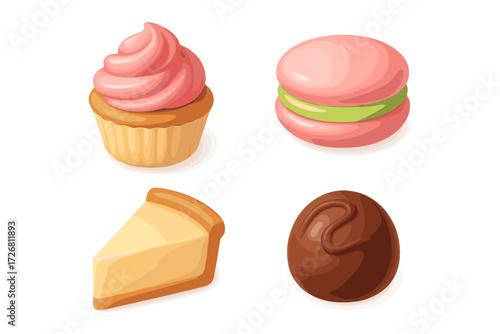 Variety of colorful desserts displayed on a clean background in a fun and playful setting during a dessert party