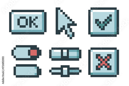 Pixel art icons representing common user interface elements in a digital environment