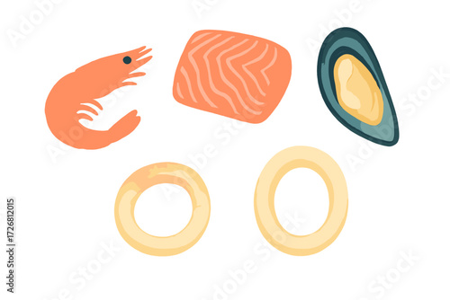 Fresh seafood selection including shrimp, salmon, mussels, and calamari rings displayed on a white background