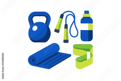 Fitness equipment for home workouts including kettlebell, jump rope, water bottle, yoga mat, and resistance band