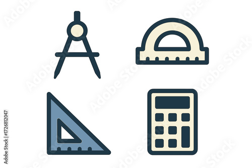 Tools for geometry and mathematics displayed in a simple design for educational purposes