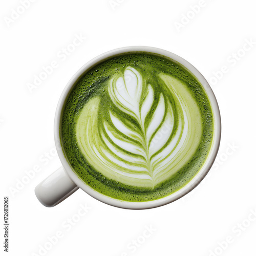 Matcha green tea latte with leaf-shaped latte art in milk foam, top-down view isolated on white background