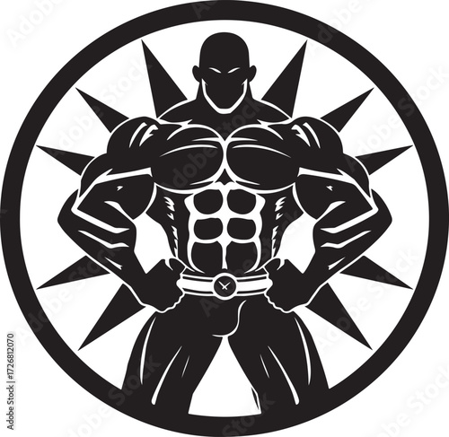 Stylized Black Silhouette of a Muscular Man with Belt and Starburst Circle muscle man fitness