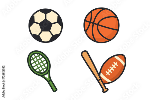 Various sports equipment displayed in a colorful, playful style featuring a soccer ball, basketball, tennis racket, and baseball bat