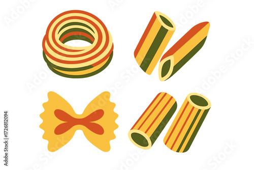 Colorful collection of various pasta shapes arranged on a white background