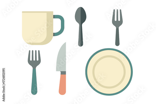 Dining set with utensils, a cup, and a plate displayed on a white background in a minimalist style