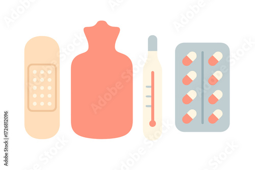 Essential health items for first aid and home care in a simple design format