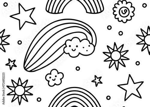 Whimsical celestial doodles with smiling cloud and sunbursts rainbow star