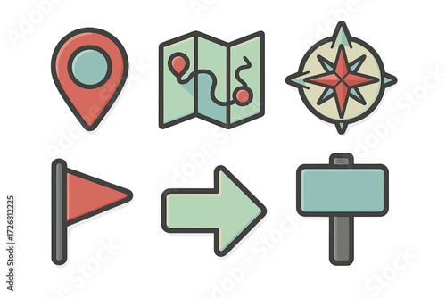 Symbols indicating navigation and direction for travelers and adventurers in a simple graphic design