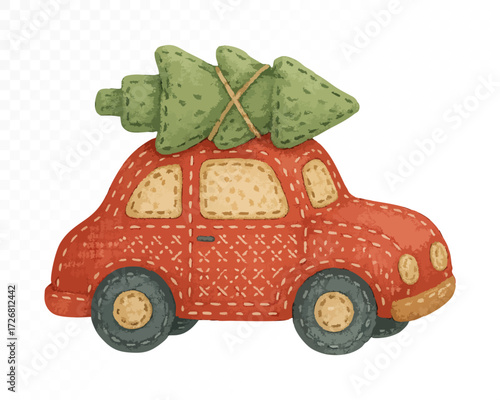 Felt red car with stitched edges, carrying a green Christmas tree on the roof, cozy handmade festive holiday ornament in soft textile craft style. Watercolor vector illustration.