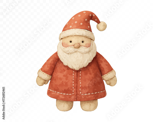 Felt Santa Claus ornament with stitched edges, dressed in simple red coat and hat with white beard, cozy handmade Christmas holiday decoration in soft textile craft style. Watercolor vector illustrati