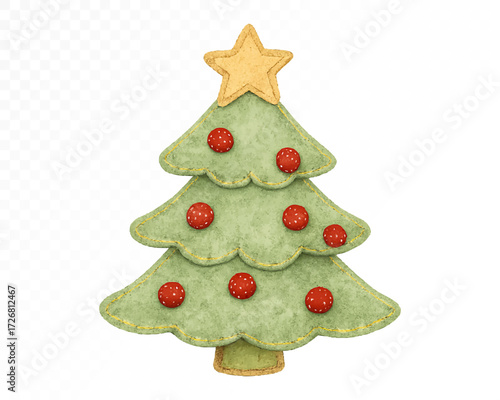 Felt Christmas tree with stitched edges, decorated with red ornaments and topped with a golden star, cozy handmade festive holiday decoration in soft textile craft style. Watercolor vector illustratio