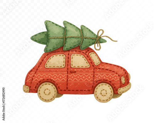 Felt red car with stitched edges, carrying a green Christmas tree on the roof, cozy handmade festive holiday ornament in soft textile craft style. Watercolor vector illustration.