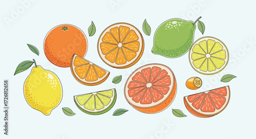 Vibrant Citrus Assortment Illustration Showcasing a Colorful Variety of Fruits and Leaves