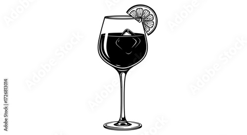Elegant line art of a wine glass with a lemon slice illustrating a sophisticated drink presentation