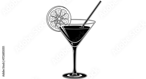 Elegant black and white illustration of a martini glass with a lemon slice and straw