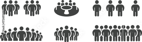 Group configuration icon set, black silhouette vector, people arrangement symbols, team structure design, meeting illustration, crowd dynamics, social gathering artwork