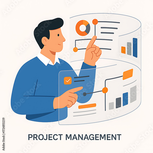 Flat-style digital illustration of a person interacting with a transparent digital panel displaying charts, graphs, and tasks. Concept of project management, business planning, and data analysis.