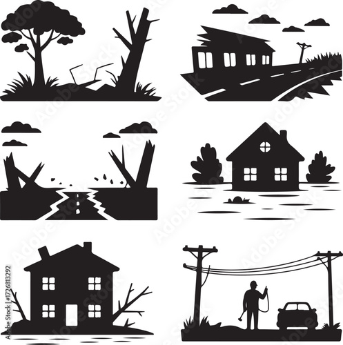 Disaster scenes show home damage and power line repair