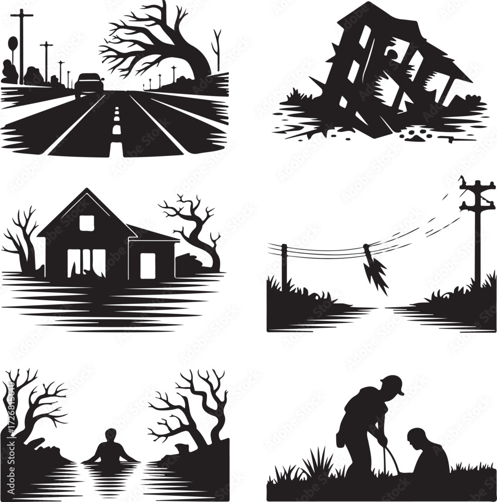 Naklejka premium Disaster scenes show devastation, rescue, and recovery efforts.