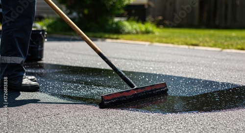Worker Sealing Asphalt Driveway with Squeegee Applicator – Pavement Maintenance and Protection 
