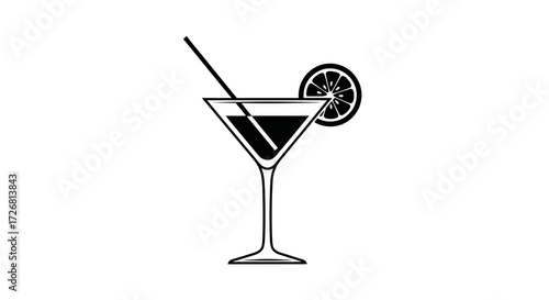 Elegant black and white illustration of a cocktail drink with citrus garnish perfect for design