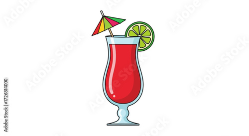 Illustration of a refreshing red cocktail with a slice of lime and paper umbrella garnish