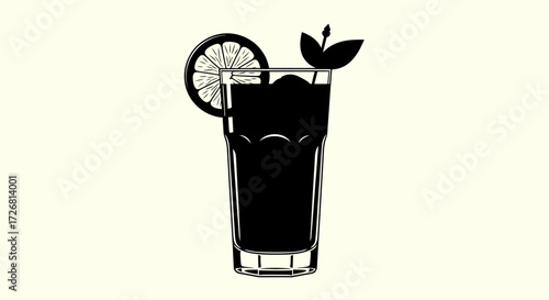 Monochrome illustration of a tall glass cocktail with lime slice and leaf garnish  refreshing drink