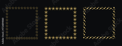 Square gold star frames set. Shining festive star shapes for cards, invitations, announcements, vector graphics