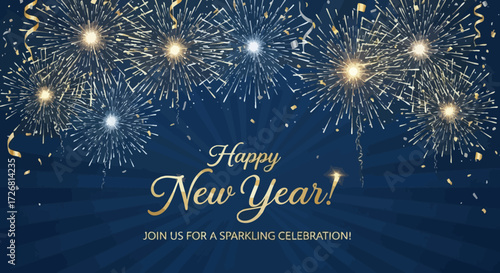 Festive new year background with sparkling fireworks and elegant golden typography