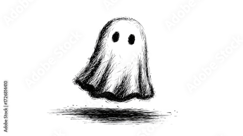 Simple black line art ghost outline with playful expression isolated on transparent background 