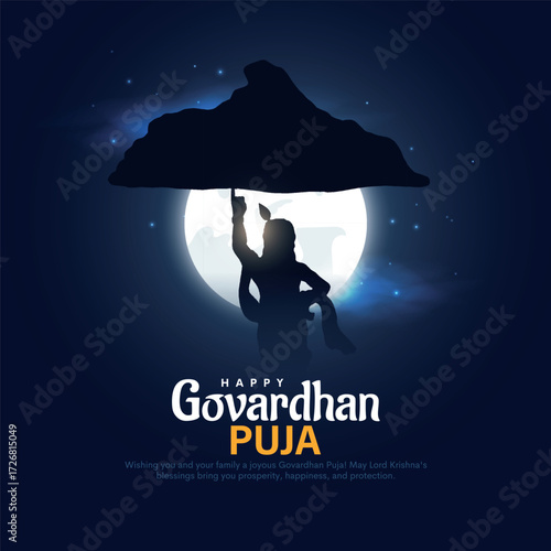 Indian religious festival happy Govardhan Puja Hindu festival Greeting card background with Silhouette illustration of Lord Krishna and cow.