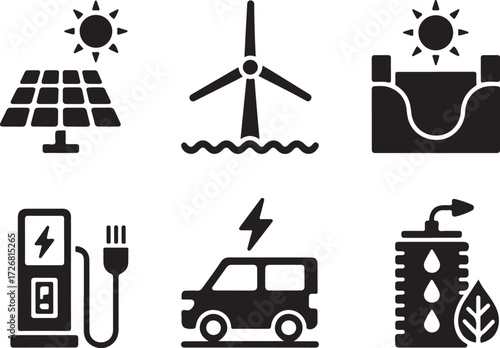 Green energy icons solar wind hydro electric car charging