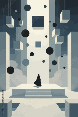 Mysterious figure standing on a stage amidst floating geometric shapes, evoking a sense of anticipation and wonder with modern design