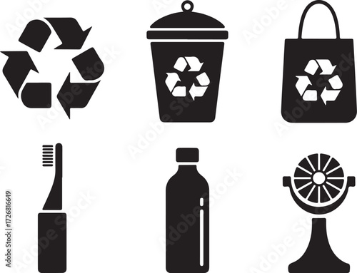 Eco friendly icons: recycle, bin, bag, toothbrush, bottle